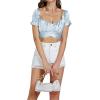 imageLYANER Womens Ruffle Short Sleeve Tie Up Back Crop Top Off Shoulder Bardot BlouseSatin Baby Blue