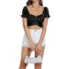imageLYANER Womens Ruffle Short Sleeve Tie Up Back Crop Top Off Shoulder Bardot BlouseSatin Black