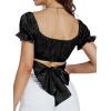 imageLYANER Womens Ruffle Short Sleeve Tie Up Back Crop Top Off Shoulder Bardot BlouseSatin Black
