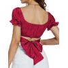 imageLYANER Womens Ruffle Short Sleeve Tie Up Back Crop Top Off Shoulder Bardot BlouseSatin Burgundy