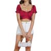 imageLYANER Womens Ruffle Short Sleeve Tie Up Back Crop Top Off Shoulder Bardot BlouseSatin Burgundy