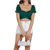 imageLYANER Womens Ruffle Short Sleeve Tie Up Back Crop Top Off Shoulder Bardot BlouseSatin Dark Green