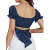 imageLYANER Womens Ruffle Short Sleeve Tie Up Back Crop Top Off Shoulder Bardot BlouseSatin Deep Blue