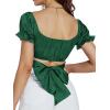 imageLYANER Womens Ruffle Short Sleeve Tie Up Back Crop Top Off Shoulder Bardot BlouseSatin Deep Green
