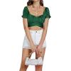 imageLYANER Womens Ruffle Short Sleeve Tie Up Back Crop Top Off Shoulder Bardot BlouseSatin Deep Green