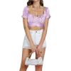 imageLYANER Womens Ruffle Short Sleeve Tie Up Back Crop Top Off Shoulder Bardot BlouseSatin Lavender