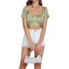 imageLYANER Womens Ruffle Short Sleeve Tie Up Back Crop Top Off Shoulder Bardot BlouseSatin Light Green