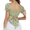 imageLYANER Womens Ruffle Short Sleeve Tie Up Back Crop Top Off Shoulder Bardot BlouseSatin Light Green