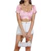 imageLYANER Womens Ruffle Short Sleeve Tie Up Back Crop Top Off Shoulder Bardot BlouseSatin Pink
