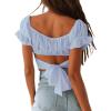 imageLYANER Womens Ruffle Short Sleeve Tie Up Back Crop Top Off Shoulder Bardot BlouseSky Blue