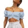 imageLYANER Womens Ruffle Short Sleeve Tie Up Back Crop Top Off Shoulder Bardot BlouseSky Blue
