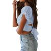 imageLYANER Womens Ruffle Short Sleeve Tie Up Back Crop Top Off Shoulder Bardot BlouseSky Blue