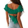 imageLYANER Womens Ruffle Short Sleeve Tie Up Back Crop Top Off Shoulder Bardot BlouseTurquoise Green