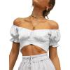 imageLYANER Womens Ruffle Short Sleeve Tie Up Back Crop Top Off Shoulder Bardot BlouseWhite