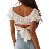 imageLYANER Womens Ruffle Short Sleeve Tie Up Back Crop Top Off Shoulder Bardot BlouseWhite
