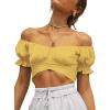 imageLYANER Womens Ruffle Short Sleeve Tie Up Back Crop Top Off Shoulder Bardot BlouseYellow