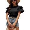 imageLYANER Womens Self Tie Back Scoop Neck Layer Ruffle Trim Short Sleeve Crop Top Blouse ShirtBlack