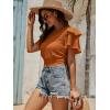 imageLYANER Womens Self Tie Back Scoop Neck Layer Ruffle Trim Short Sleeve Crop Top Blouse ShirtCaramel