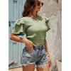 imageLYANER Womens Self Tie Back Scoop Neck Layer Ruffle Trim Short Sleeve Crop Top Blouse ShirtPea Green