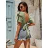 imageLYANER Womens Self Tie Back Scoop Neck Layer Ruffle Trim Short Sleeve Crop Top Blouse ShirtPea Green