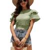 imageLYANER Womens Self Tie Back Scoop Neck Layer Ruffle Trim Short Sleeve Crop Top Blouse ShirtPea Green