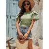 imageLYANER Womens Self Tie Back Scoop Neck Layer Ruffle Trim Short Sleeve Crop Top Blouse ShirtPea Green