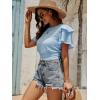 imageLYANER Womens Self Tie Back Scoop Neck Layer Ruffle Trim Short Sleeve Crop Top Blouse ShirtSky Blue