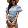 imageLYANER Womens Self Tie Back Scoop Neck Layer Ruffle Trim Short Sleeve Crop Top Blouse ShirtSky Blue