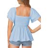 imageLYANER Womens Square Neck Smocked Peplum Top Ruffle Short Sleeve Babydoll Shirred BlouseBaby Blue