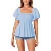 imageLYANER Womens Square Neck Smocked Peplum Top Ruffle Short Sleeve Babydoll Shirred BlouseBaby Blue