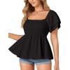imageLYANER Womens Square Neck Smocked Peplum Top Ruffle Short Sleeve Babydoll Shirred BlouseBlack