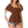 imageLYANER Womens Square Neck Smocked Peplum Top Ruffle Short Sleeve Babydoll Shirred BlouseBrown