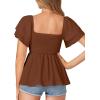 imageLYANER Womens Square Neck Smocked Peplum Top Ruffle Short Sleeve Babydoll Shirred BlouseBrown