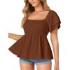 imageLYANER Womens Square Neck Smocked Peplum Top Ruffle Short Sleeve Babydoll Shirred BlouseBrown