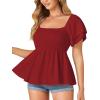 imageLYANER Womens Square Neck Smocked Peplum Top Ruffle Short Sleeve Babydoll Shirred BlouseBurgundy