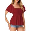 imageLYANER Womens Square Neck Smocked Peplum Top Ruffle Short Sleeve Babydoll Shirred BlouseBurgundy