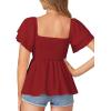 imageLYANER Womens Square Neck Smocked Peplum Top Ruffle Short Sleeve Babydoll Shirred BlouseBurgundy