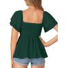 imageLYANER Womens Square Neck Smocked Peplum Top Ruffle Short Sleeve Babydoll Shirred BlouseDark Green