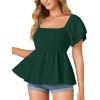imageLYANER Womens Square Neck Smocked Peplum Top Ruffle Short Sleeve Babydoll Shirred BlouseDark Green