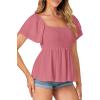 imageLYANER Womens Square Neck Smocked Peplum Top Ruffle Short Sleeve Babydoll Shirred BlouseDark Pink