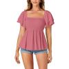 imageLYANER Womens Square Neck Smocked Peplum Top Ruffle Short Sleeve Babydoll Shirred BlouseDark Pink