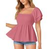 imageLYANER Womens Square Neck Smocked Peplum Top Ruffle Short Sleeve Babydoll Shirred BlouseDark Pink