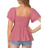 imageLYANER Womens Square Neck Smocked Peplum Top Ruffle Short Sleeve Babydoll Shirred BlouseDark Pink