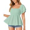 imageLYANER Womens Square Neck Smocked Peplum Top Ruffle Short Sleeve Babydoll Shirred BlouseGreen