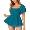 imageLYANER Womens Square Neck Smocked Peplum Top Ruffle Short Sleeve Babydoll Shirred BlouseLake Blue