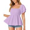 imageLYANER Womens Square Neck Smocked Peplum Top Ruffle Short Sleeve Babydoll Shirred BlouseLavender