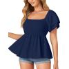 imageLYANER Womens Square Neck Smocked Peplum Top Ruffle Short Sleeve Babydoll Shirred BlouseNavy Blue