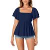 imageLYANER Womens Square Neck Smocked Peplum Top Ruffle Short Sleeve Babydoll Shirred BlouseNavy Blue