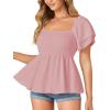 imageLYANER Womens Square Neck Smocked Peplum Top Ruffle Short Sleeve Babydoll Shirred BlousePink
