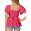imageLYANER Womens Square Neck Smocked Peplum Top Ruffle Short Sleeve Babydoll Shirred BlouseRose Pink